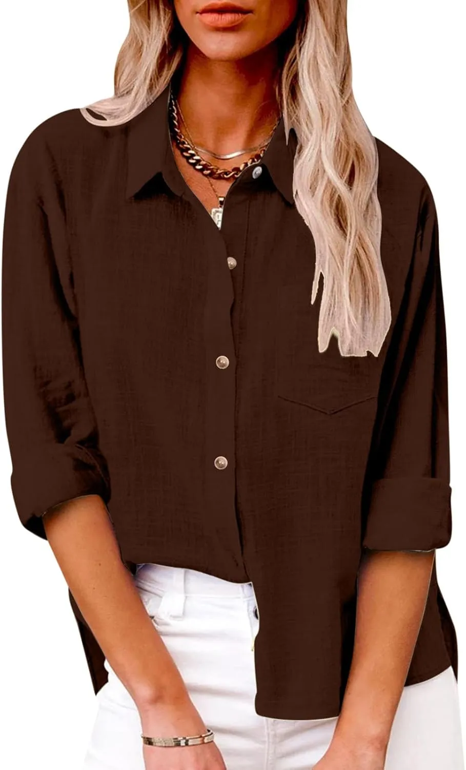 Blouses & Button-Down Shirts Women Lapel Long Sleeve Linen Summer Dressy Tops Loose Fit Cotton Cardigan Tunics