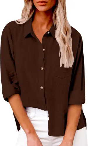 Blouses & Button-Down Shirts Women Lapel Long Sleeve Linen Summer Dressy Tops Loose Fit Cotton Cardigan Tunics