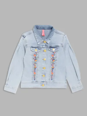 Blue Giraffe Girls Blue Embroidered Collar Jacket