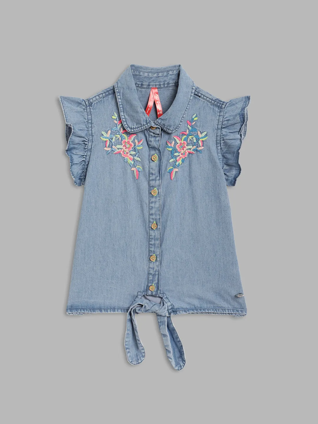 Blue Giraffe Girls Blue Embroidered Collar Top