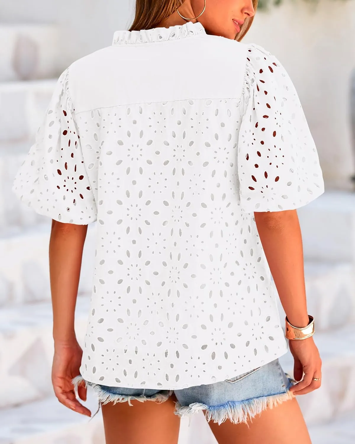 BTFBM Womens Casual Summer Blouse 2025 Hollow Out Eyelet Embroidery Tops V Neck Buttons Puff Short Sleeve Boho Shirts