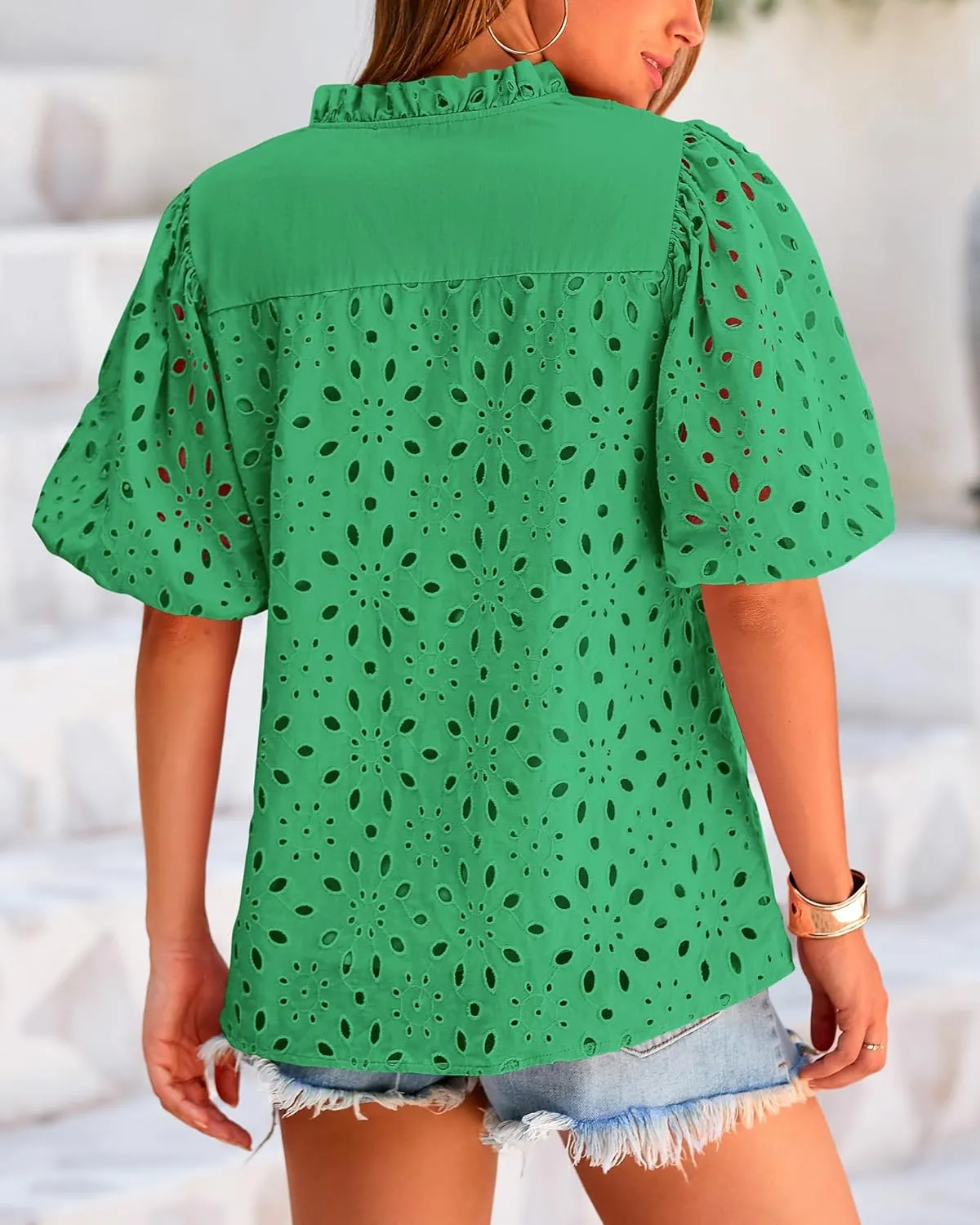 BTFBM Womens Casual Summer Blouse 2025 Hollow Out Eyelet Embroidery Tops V Neck Buttons Puff Short Sleeve Boho Shirts