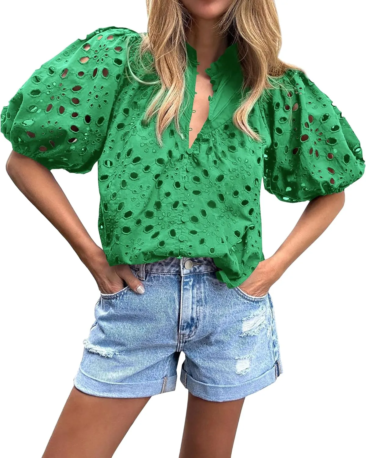 BTFBM Womens Casual Summer Blouse 2025 Hollow Out Eyelet Embroidery Tops V Neck Buttons Puff Short Sleeve Boho Shirts