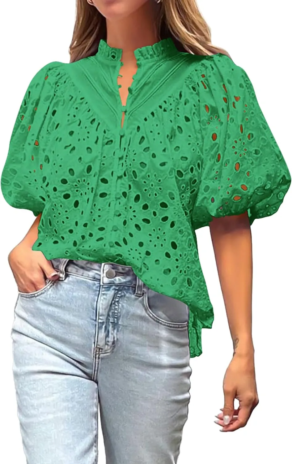 BTFBM Womens Casual Summer Blouse 2025 Hollow Out Eyelet Embroidery Tops V Neck Buttons Puff Short Sleeve Boho Shirts
