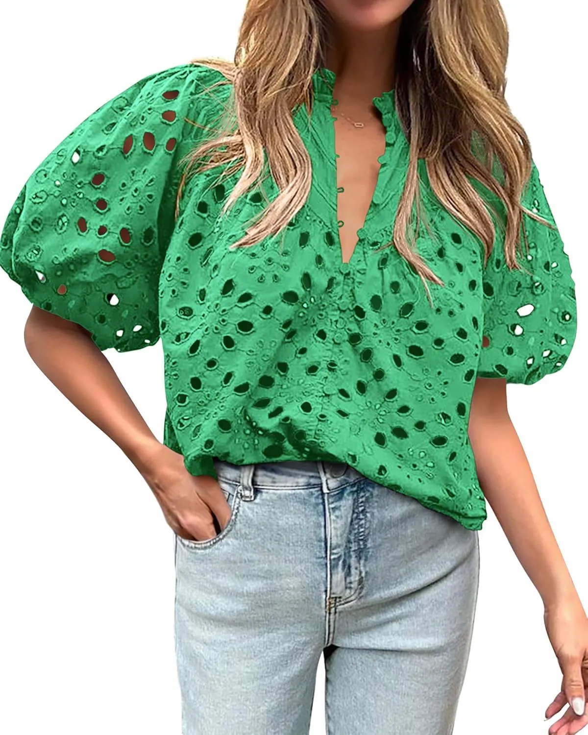 BTFBM Womens Casual Summer Blouse 2025 Hollow Out Eyelet Embroidery Tops V Neck Buttons Puff Short Sleeve Boho Shirts