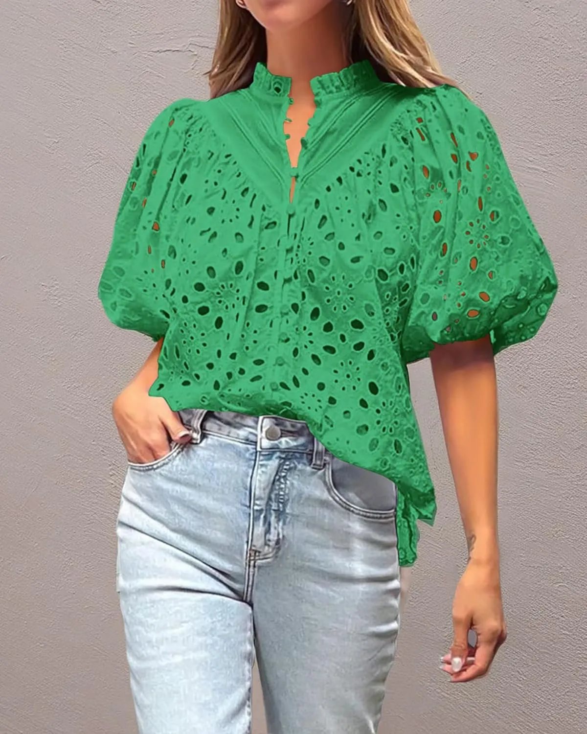 BTFBM Womens Casual Summer Blouse 2025 Hollow Out Eyelet Embroidery Tops V Neck Buttons Puff Short Sleeve Boho Shirts