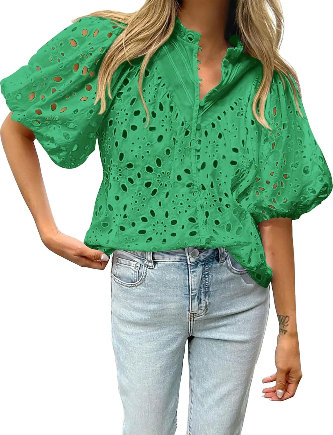 BTFBM Womens Casual Summer Blouse 2025 Hollow Out Eyelet Embroidery Tops V Neck Buttons Puff Short Sleeve Boho Shirts