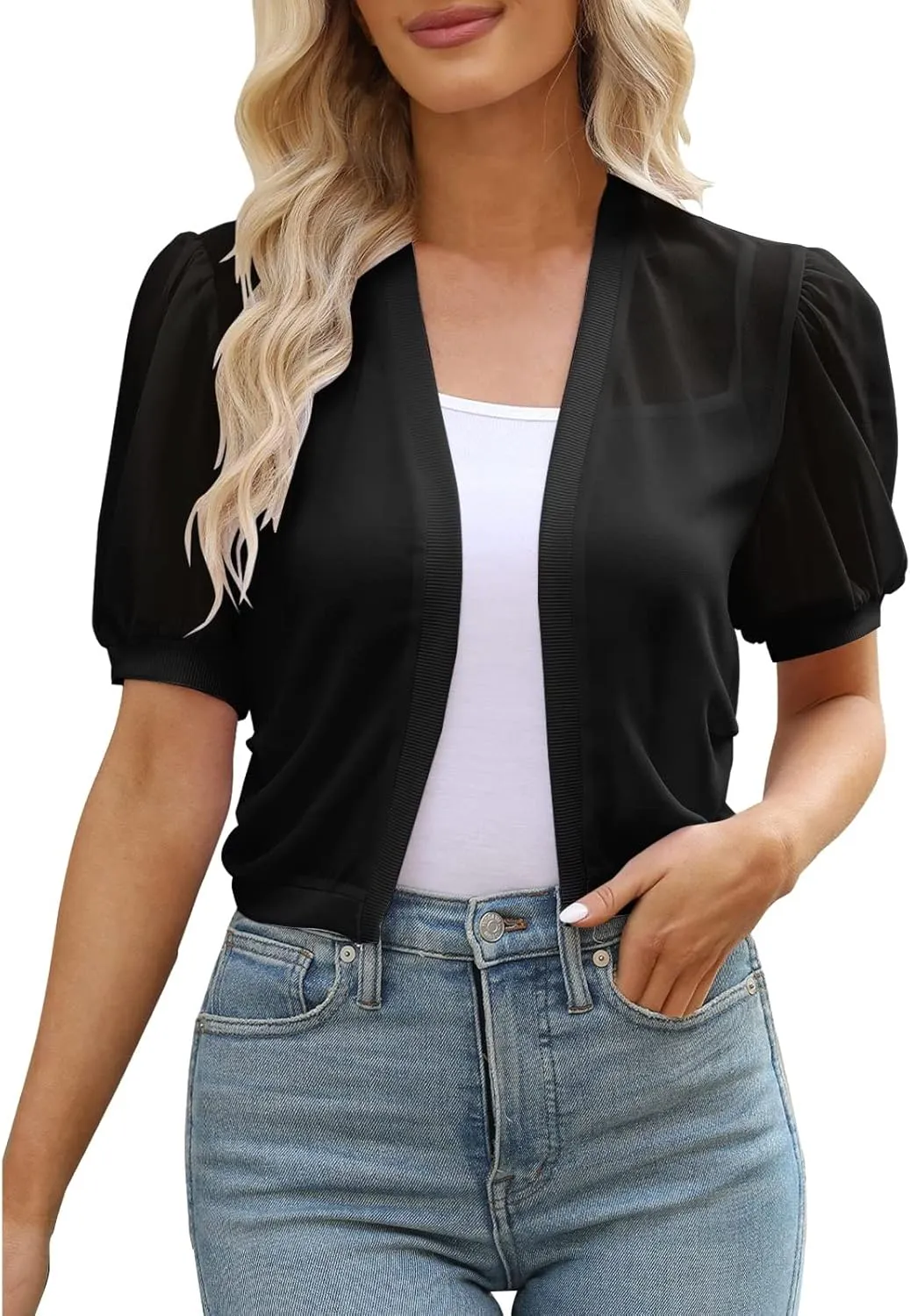 Cardigan for Women Cropped Solid Puff Sleeve Bolero Shrug Open Front Sheer Cardigans Elegant Ladies Summer Blouse Tops