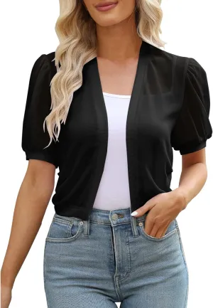 Cardigan for Women Cropped Solid Puff Sleeve Bolero Shrug Open Front Sheer Cardigans Elegant Ladies Summer Blouse Tops