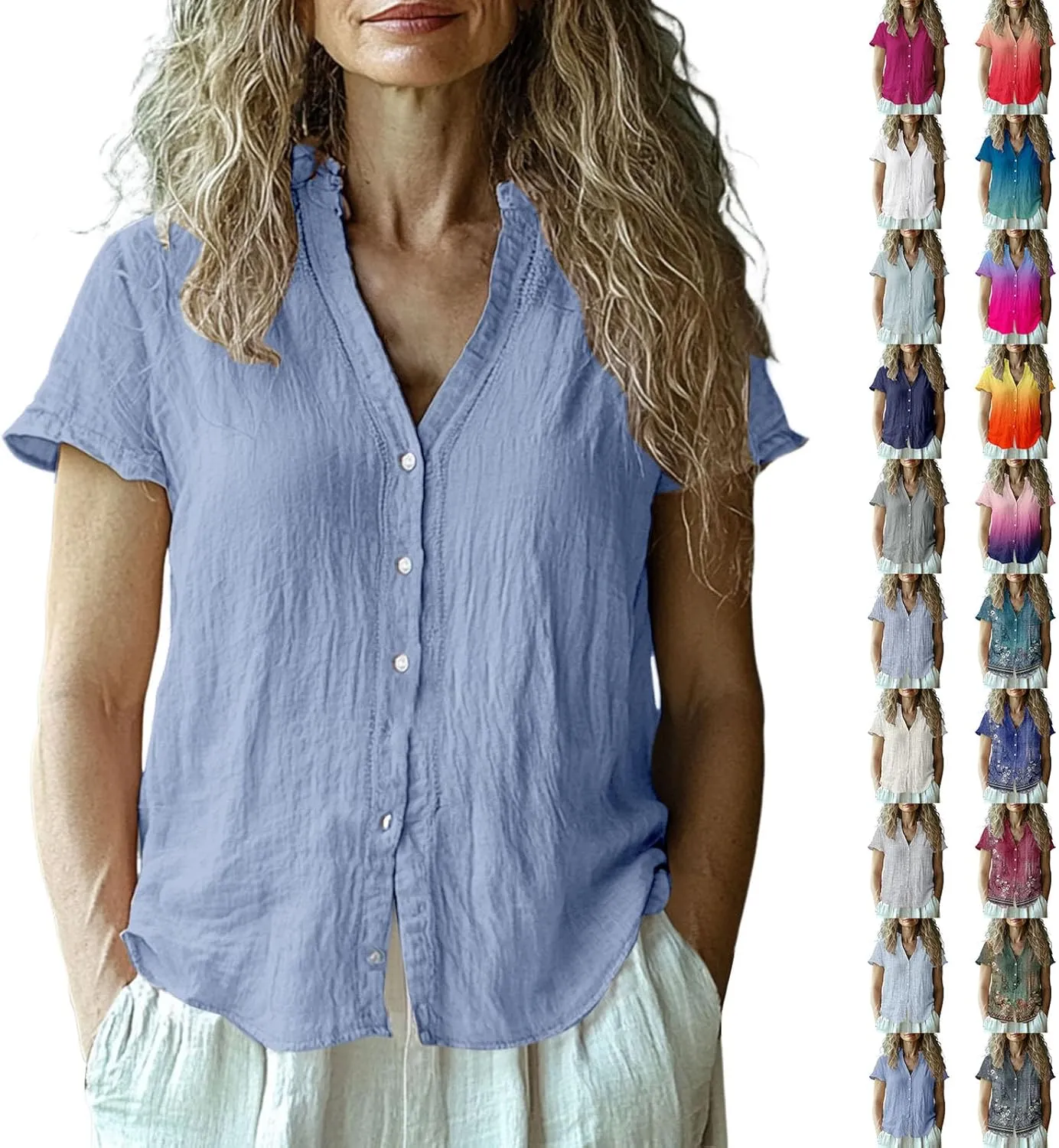 Cotton Linen Shirts for Women Summer Button Down Tops Short Sleeve Dressy Casual Blouses Bohemian Gauze Tshirts
