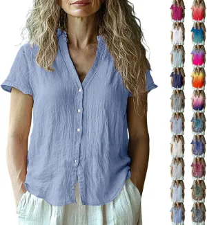 Cotton Linen Shirts for Women Summer Button Down Tops Short Sleeve Dressy Casual Blouses Bohemian Gauze Tshirts