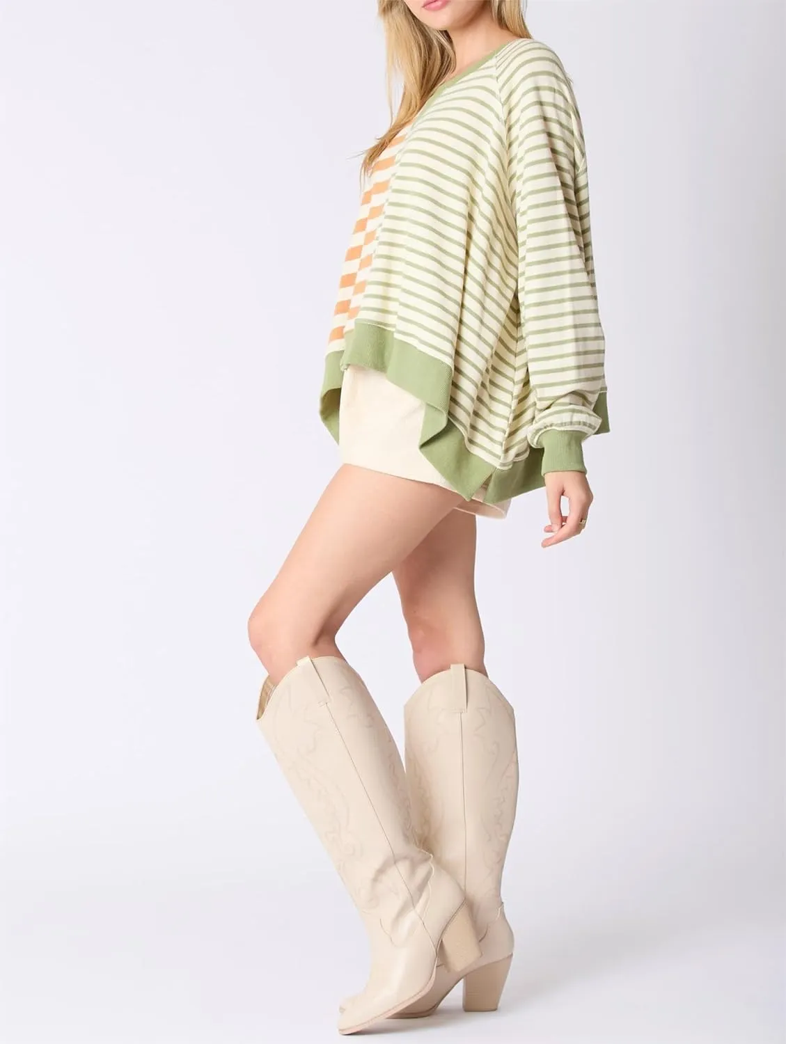 DSORVICD Women Fall Striped Oversized Shirts Y2k Casual Long Sleeve Sweatshirt Loose Crew Neck Pullover Cute Color Block Tees