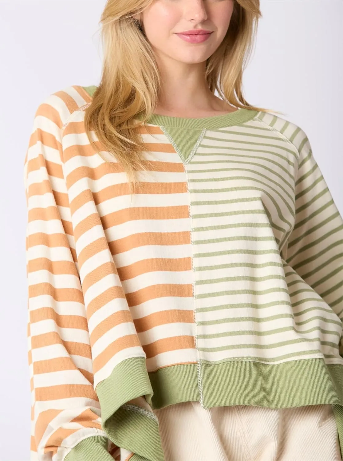 DSORVICD Women Fall Striped Oversized Shirts Y2k Casual Long Sleeve Sweatshirt Loose Crew Neck Pullover Cute Color Block Tees