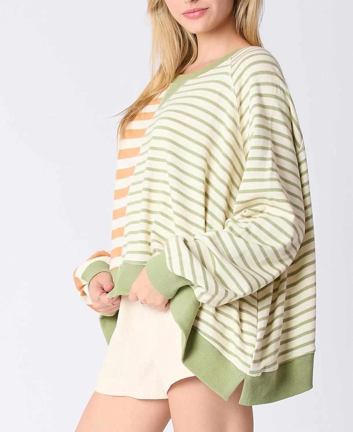 DSORVICD Women Fall Striped Oversized Shirts Y2k Casual Long Sleeve Sweatshirt Loose Crew Neck Pullover Cute Color Block Tees