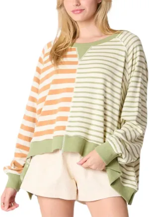 DSORVICD Women Fall Striped Oversized Shirts Y2k Casual Long Sleeve Sweatshirt Loose Crew Neck Pullover Cute Color Block Tees