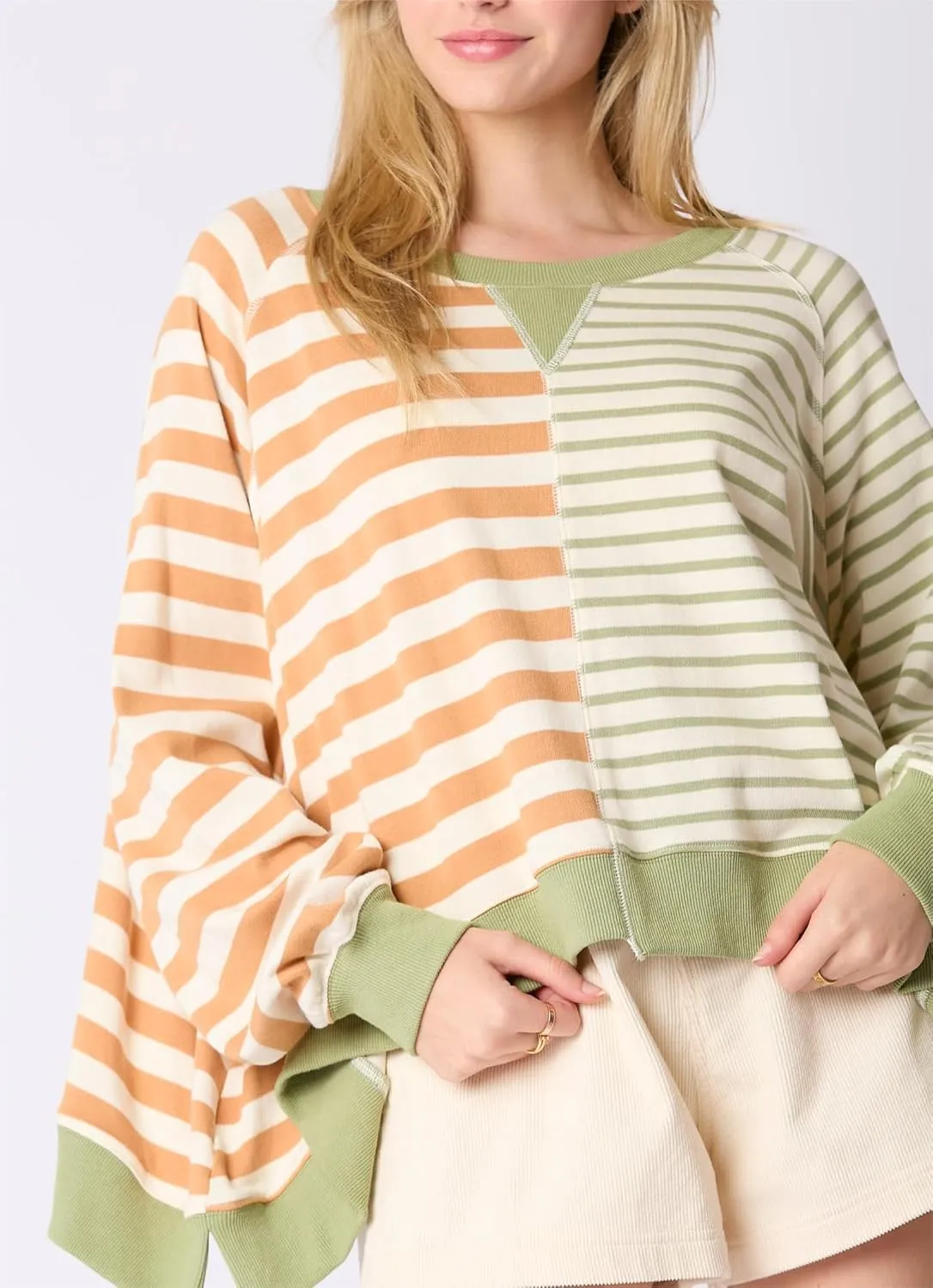 DSORVICD Women Fall Striped Oversized Shirts Y2k Casual Long Sleeve Sweatshirt Loose Crew Neck Pullover Cute Color Block Tees