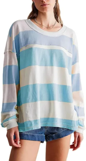 DSORVICD Women Fall Striped Oversized Shirts Y2k Casual Long Sleeve Sweatshirt Loose Crew Neck Pullover Cute Color Block Tees