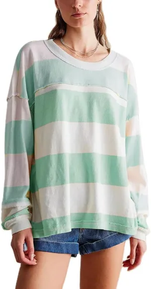 DSORVICD Women Fall Striped Oversized Shirts Y2k Casual Long Sleeve Sweatshirt Loose Crew Neck Pullover Cute Color Block Tees