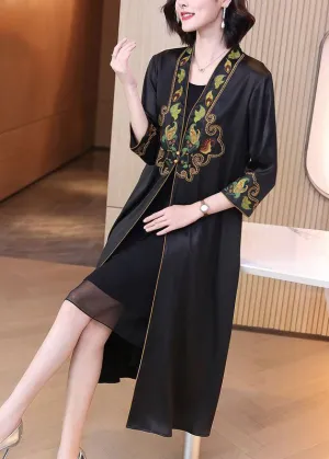 Elegant Black V Neck Print Draping Silk Long Cardigans Bracelet Sleeve