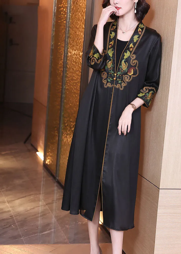 Elegant Black V Neck Print Draping Silk Long Cardigans Bracelet Sleeve