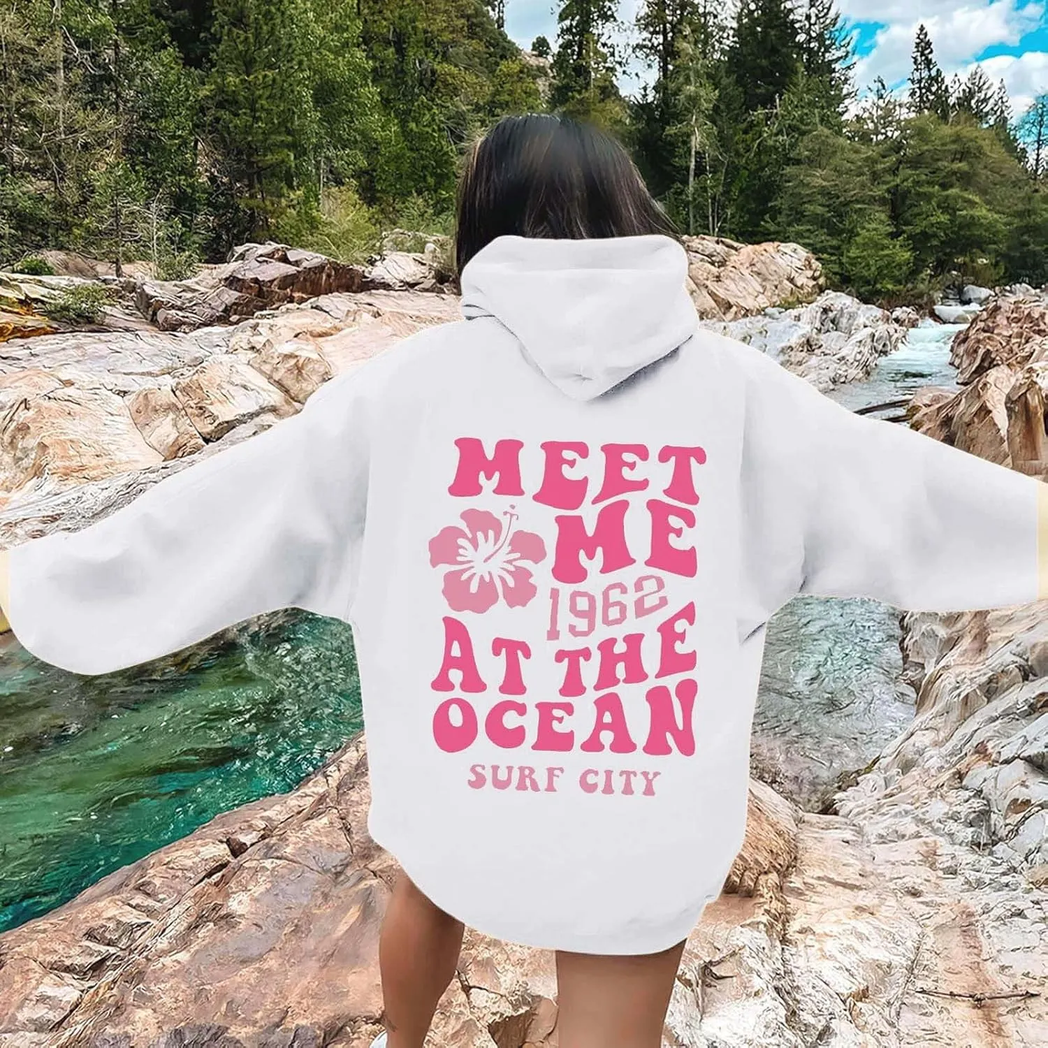 Fall Oversized Casual Sweatshirts with Pocket Ladies Women Hooded Print Round Neck Long Drop Shoulder Pullovers Top