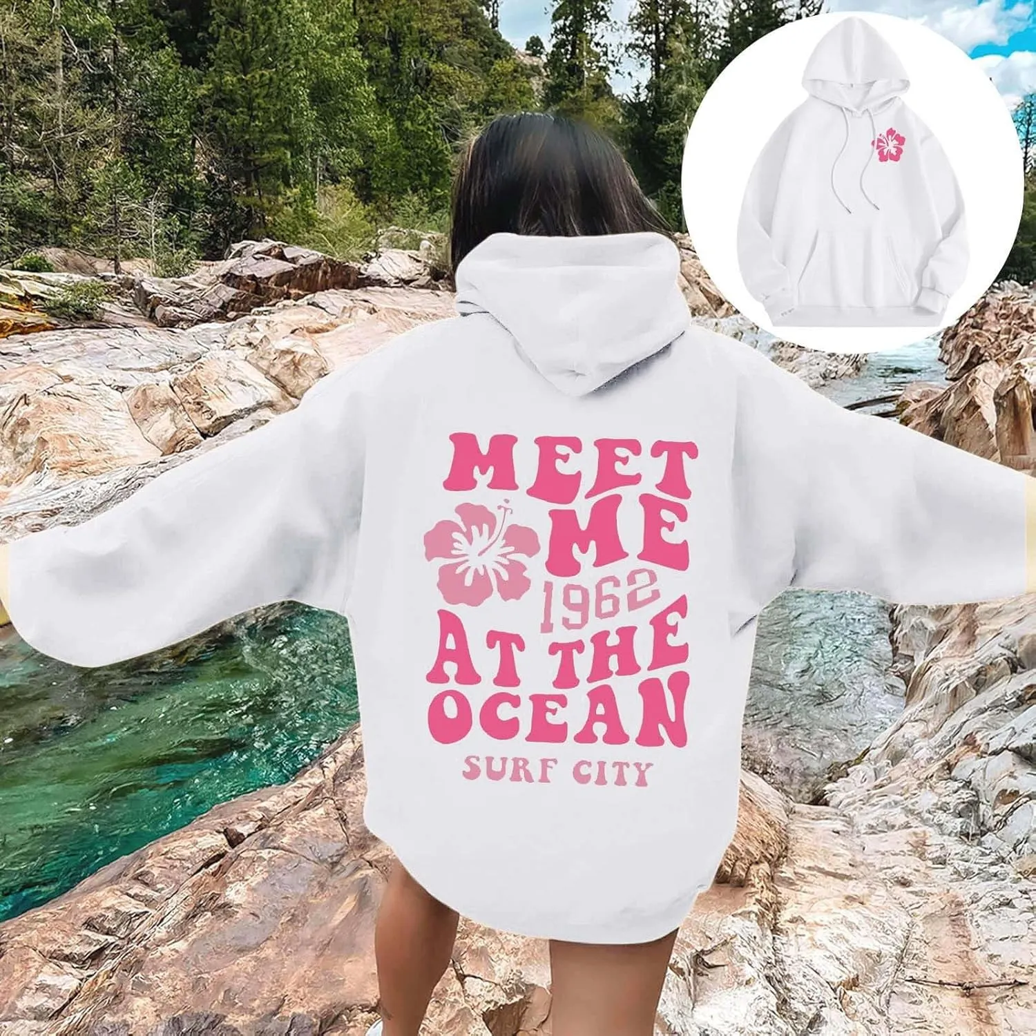Fall Oversized Casual Sweatshirts with Pocket Ladies Women Hooded Print Round Neck Long Drop Shoulder Pullovers Top
