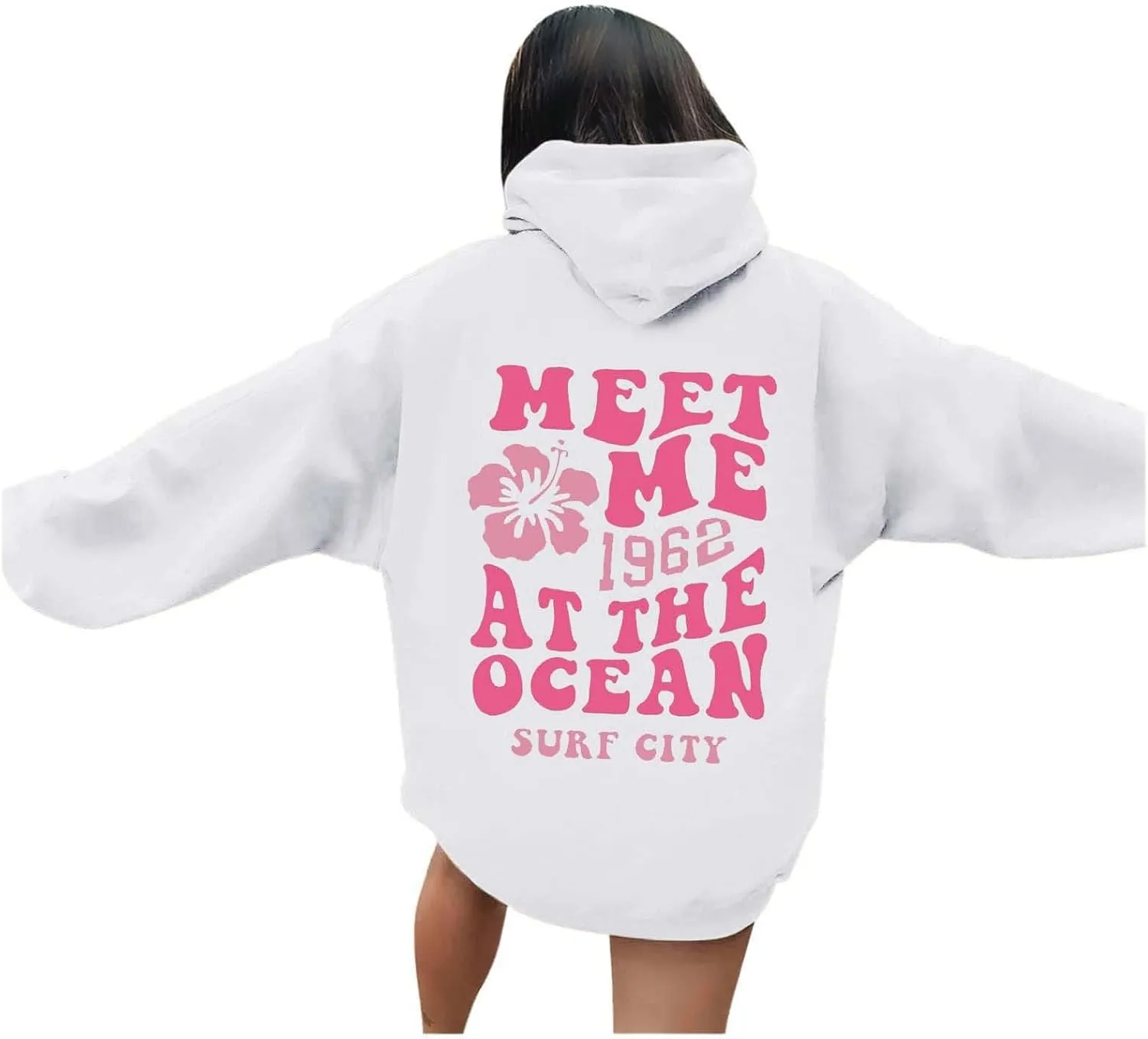 Fall Oversized Casual Sweatshirts with Pocket Ladies Women Hooded Print Round Neck Long Drop Shoulder Pullovers Top