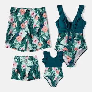 Family Swimwear Swimsuit Floral and Leaf Print Mom Dad Boys Girls