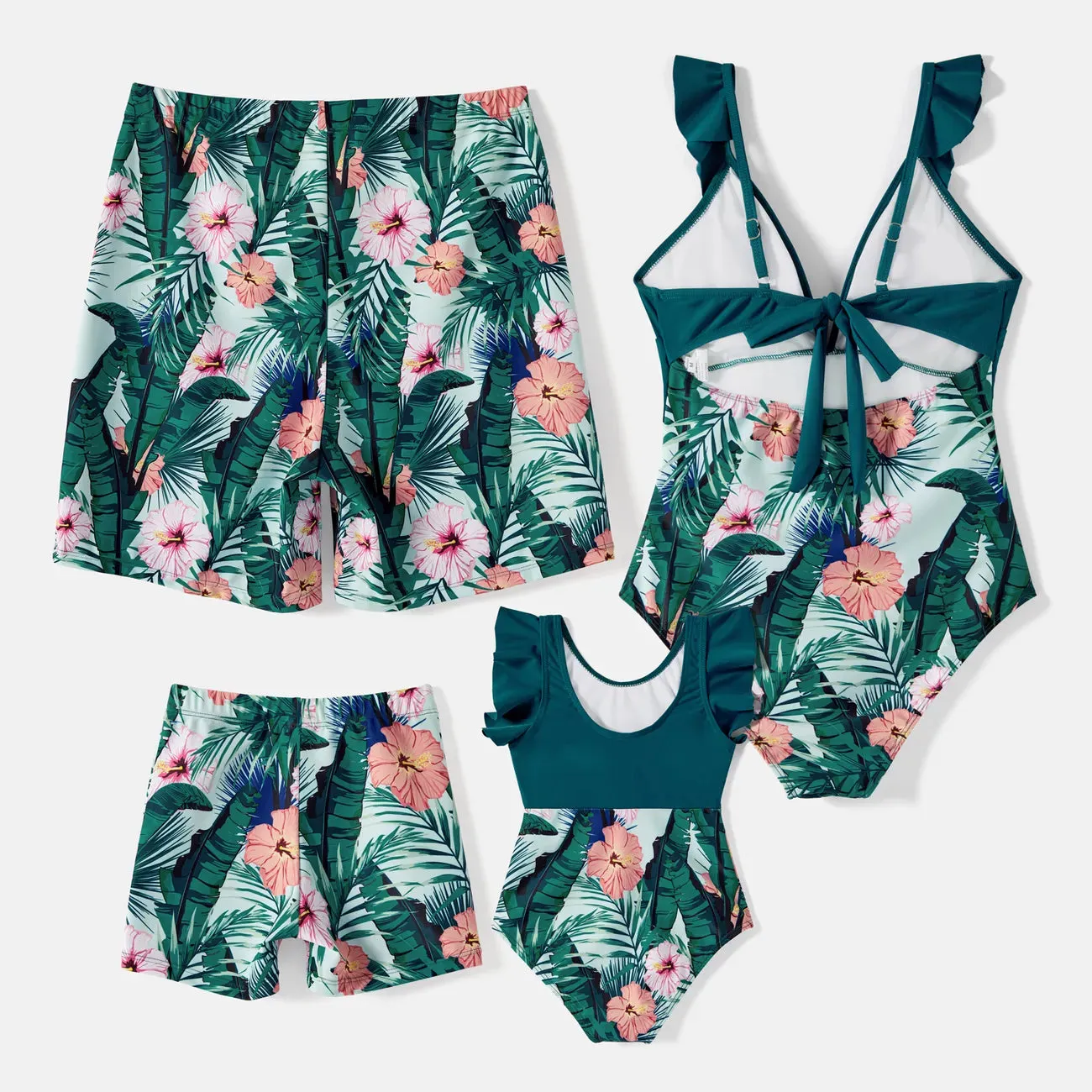 Family Swimwear Swimsuit Floral and Leaf Print Mom Dad Boys Girls