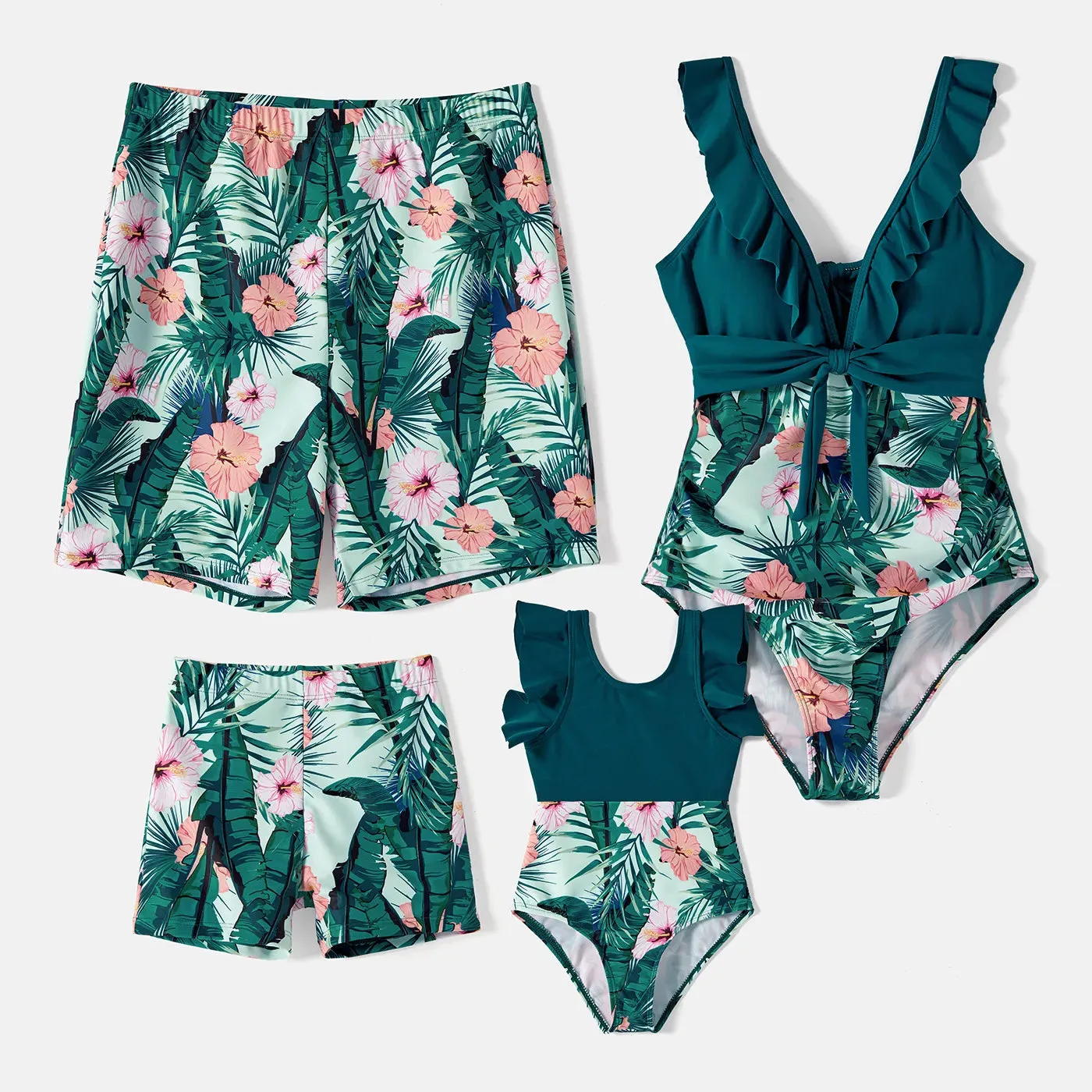 Family Swimwear Swimsuit Floral and Leaf Print Mom Dad Boys Girls