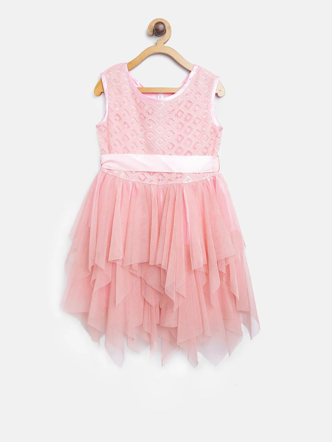 Gilr's Lace Embroidered Asymmetric Hemline Net Pink Party Dress - StyleStone Kid