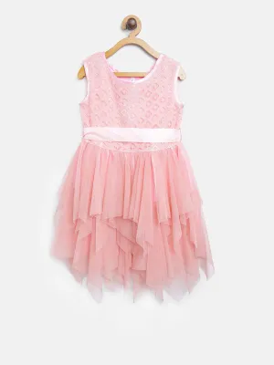 Gilr's Lace Embroidered Asymmetric Hemline Net Pink Party Dress - StyleStone Kid