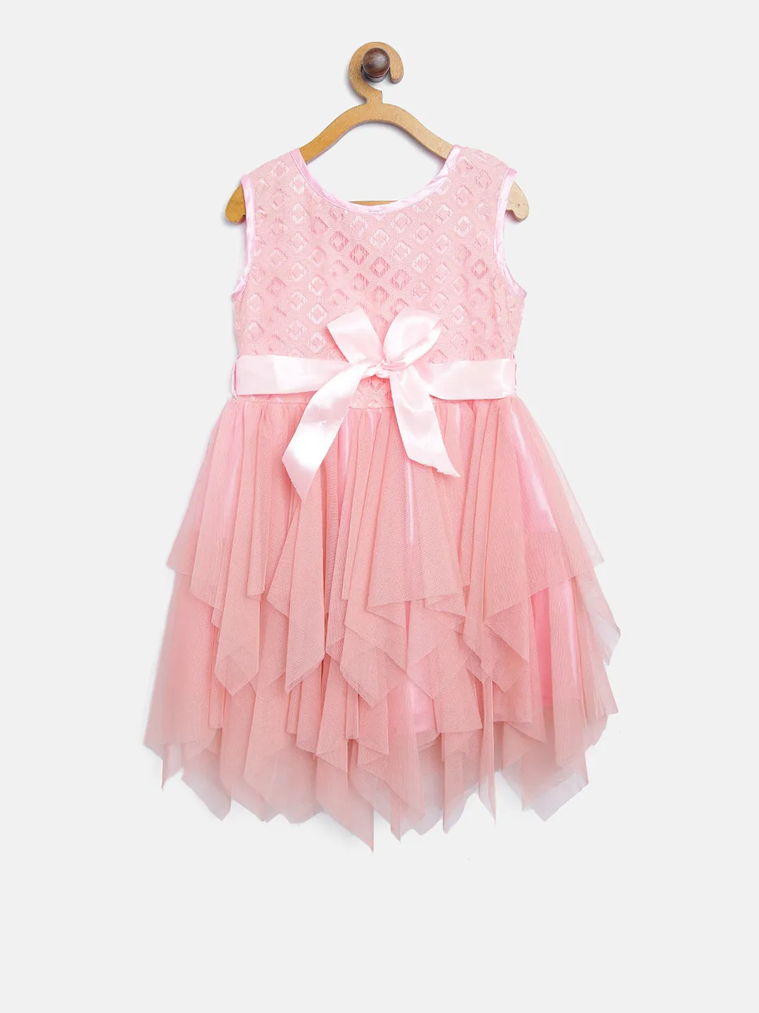 Gilr's Lace Embroidered Asymmetric Hemline Net Pink Party Dress - StyleStone Kid