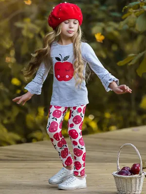 Girls Apple Print Double Ruffle Sleeve Top and Leggings Set
