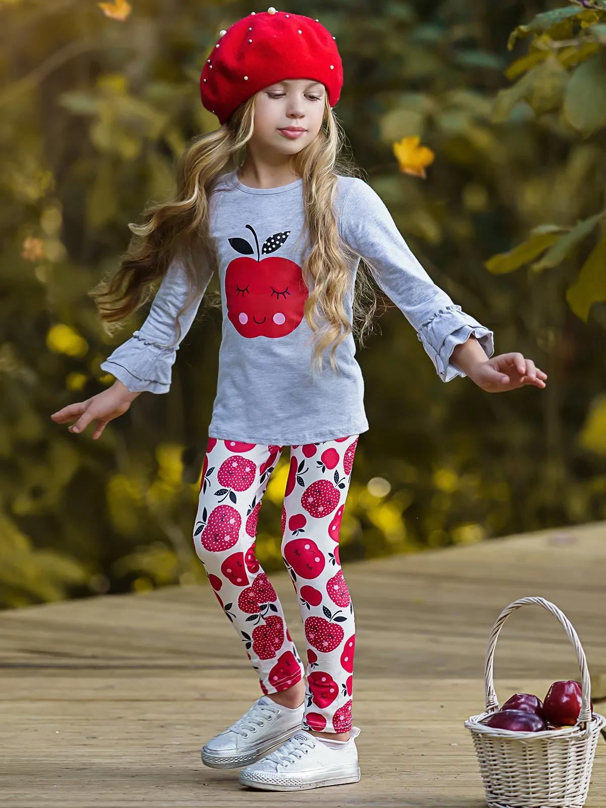 Girls Apple Print Double Ruffle Sleeve Top and Leggings Set