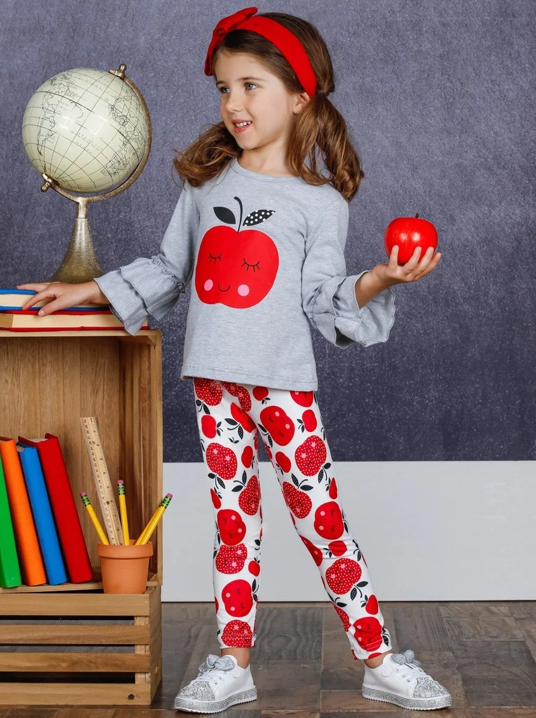 Girls Apple Print Double Ruffle Sleeve Top and Leggings Set