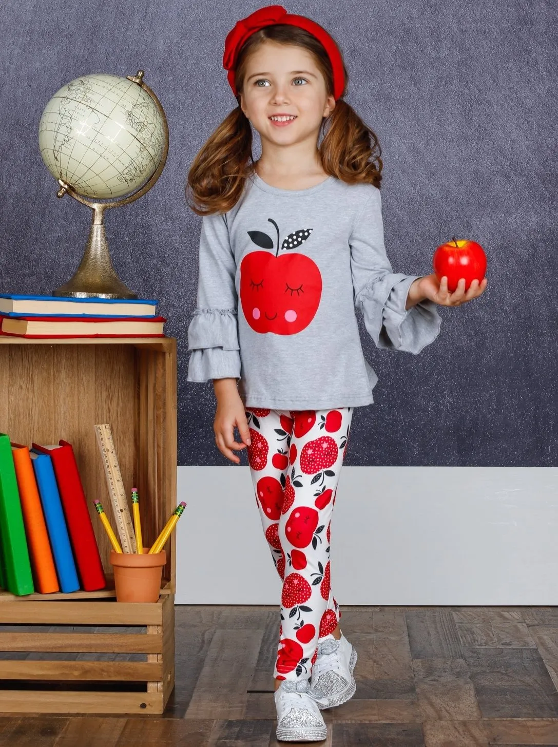 Girls Apple Print Double Ruffle Sleeve Top and Leggings Set