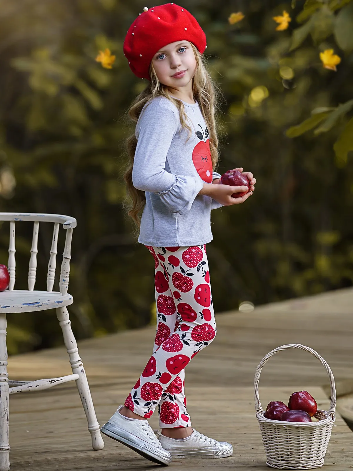 Girls Apple Print Double Ruffle Sleeve Top and Leggings Set