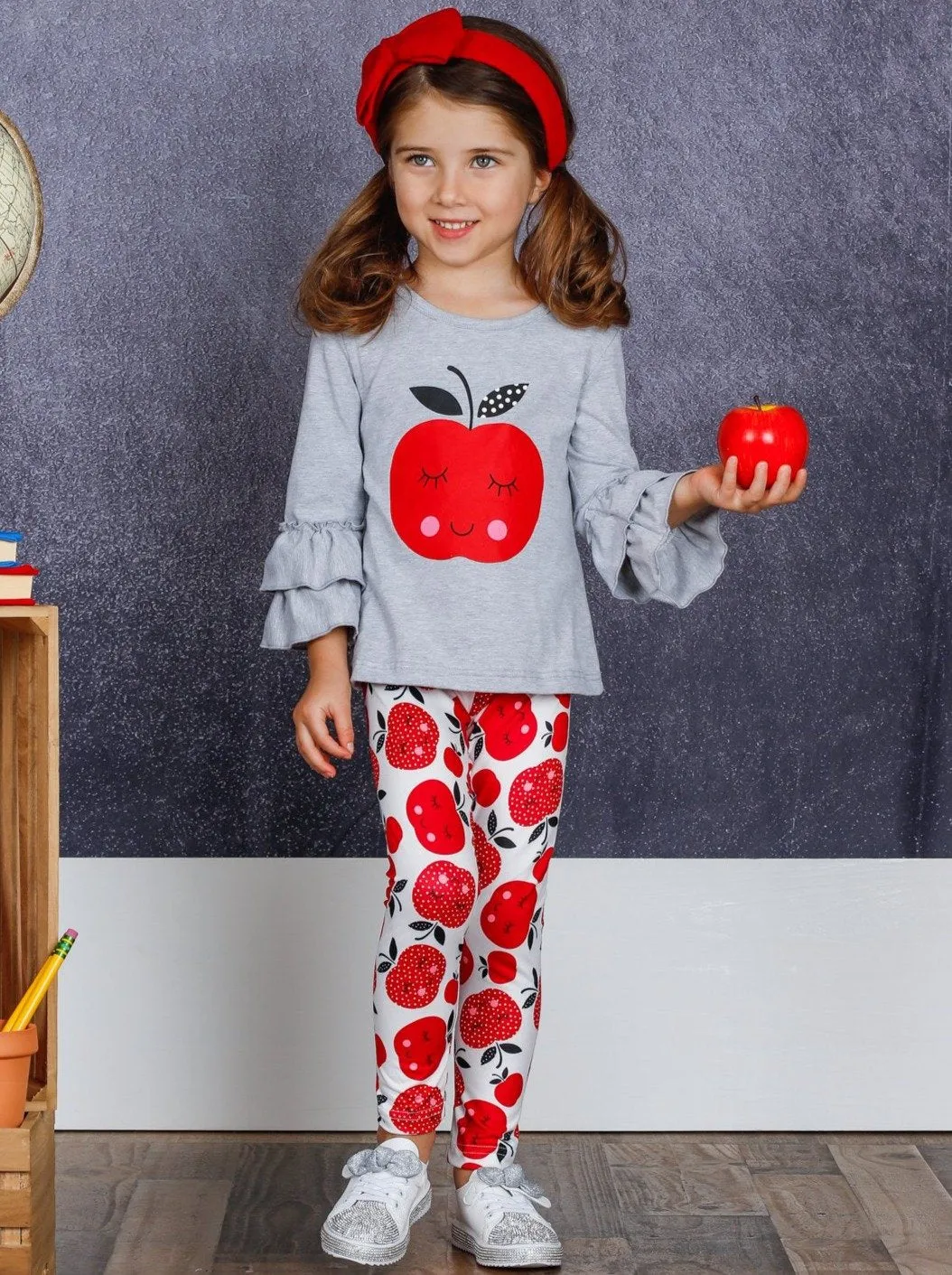 Girls Apple Print Double Ruffle Sleeve Top and Leggings Set