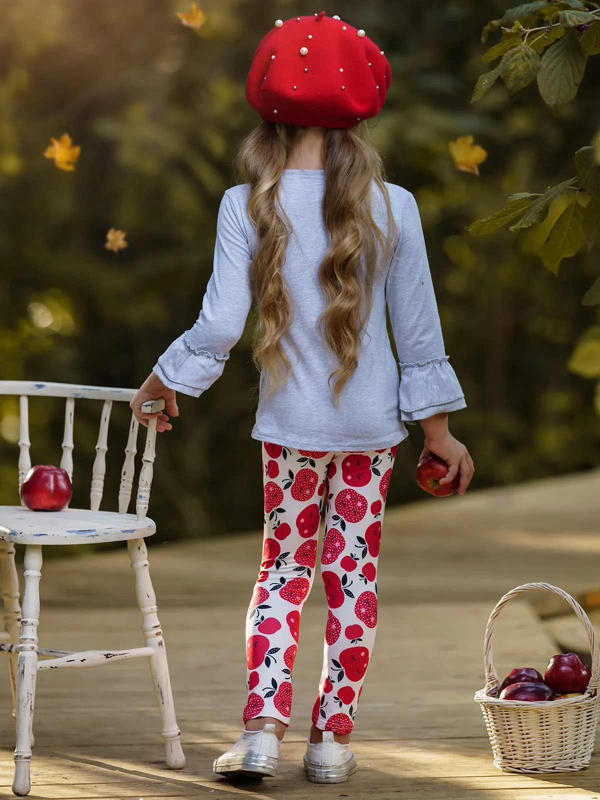 Girls Apple Print Double Ruffle Sleeve Top and Leggings Set