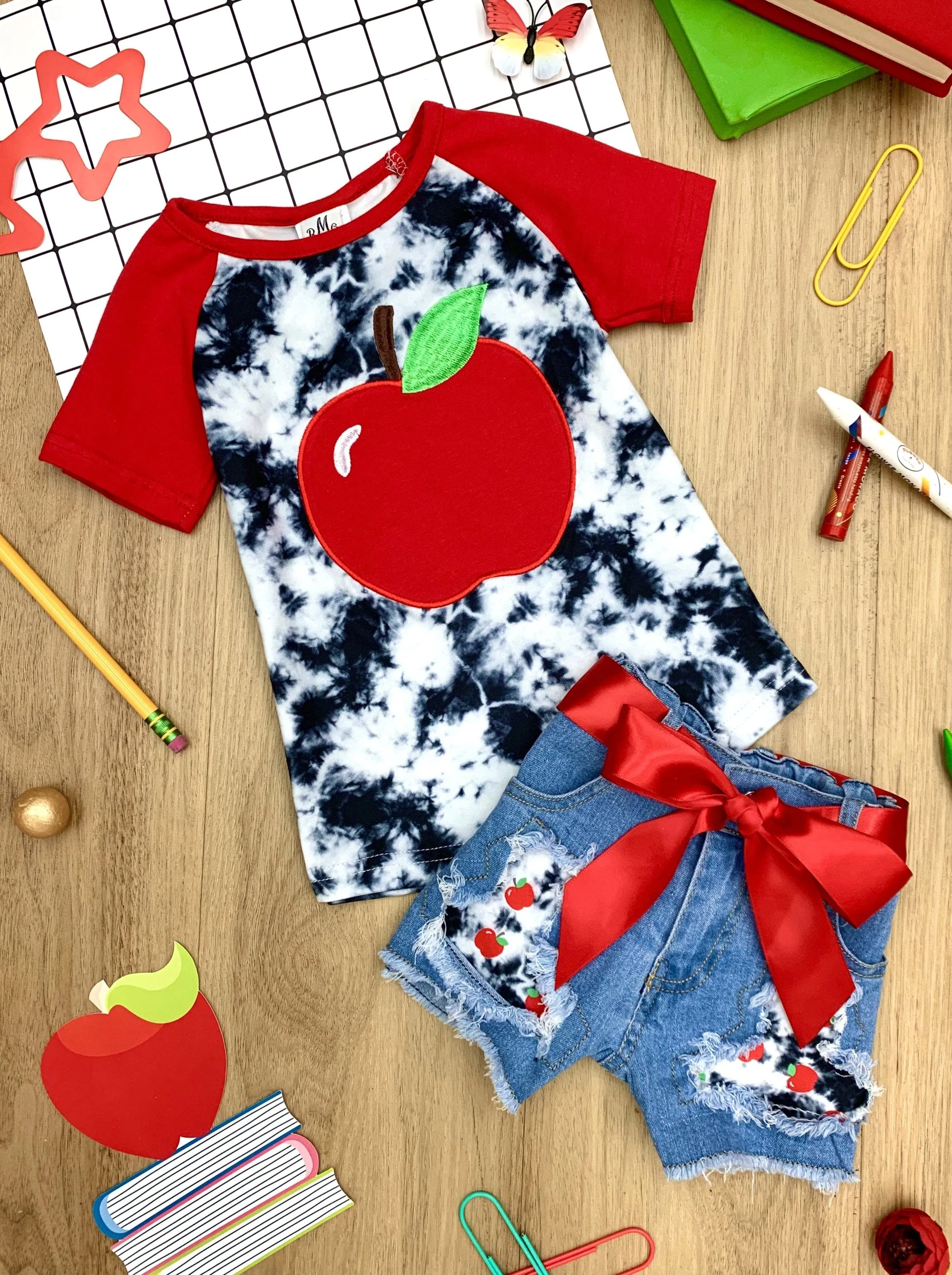 Girls Apple Tie Dye Top and Patched Denim Shorts Set