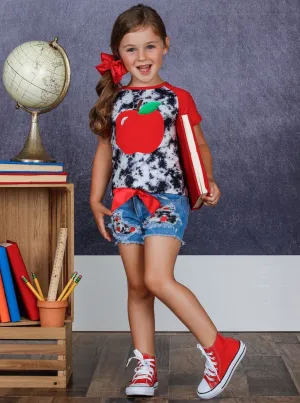 Girls Apple Tie Dye Top and Patched Denim Shorts Set