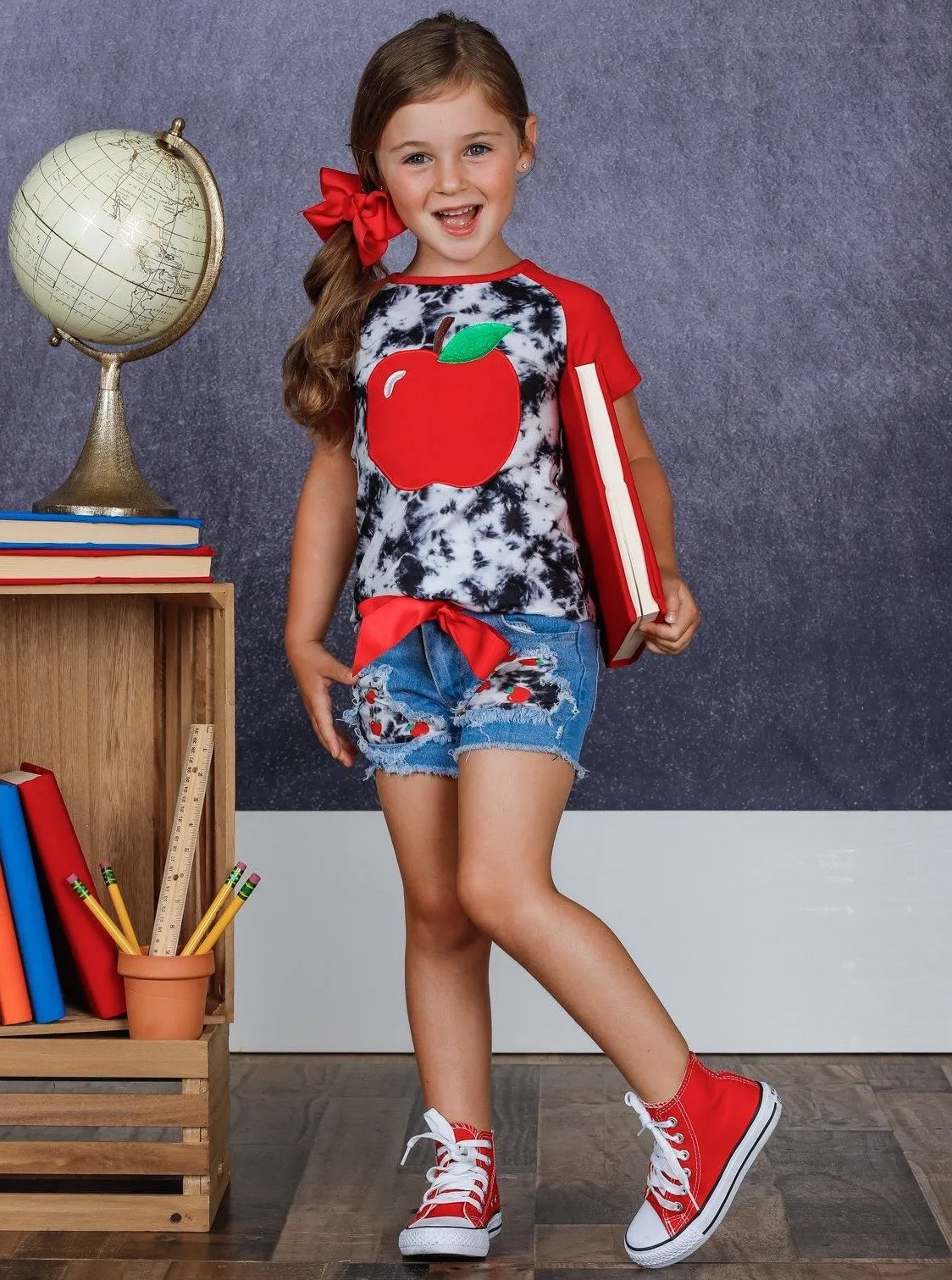 Girls Apple Tie Dye Top and Patched Denim Shorts Set