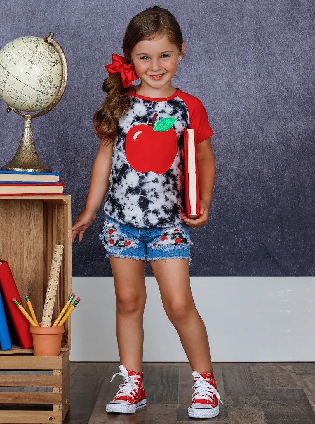 Girls Apple Tie Dye Top and Patched Denim Shorts Set