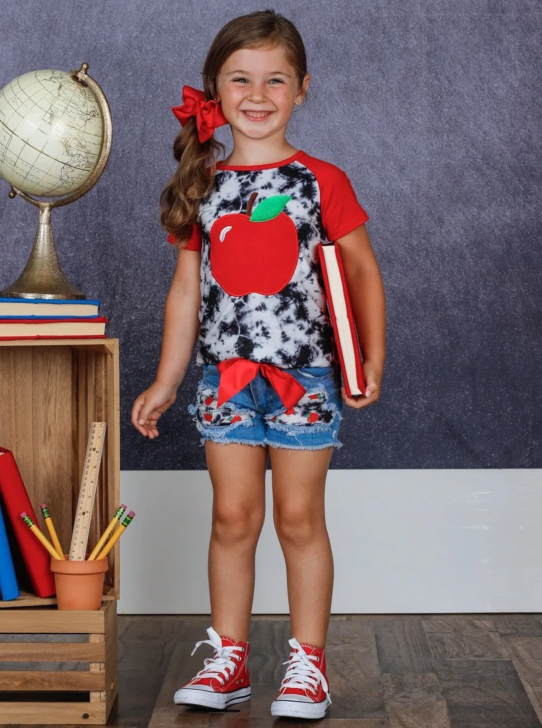 Girls Apple Tie Dye Top and Patched Denim Shorts Set