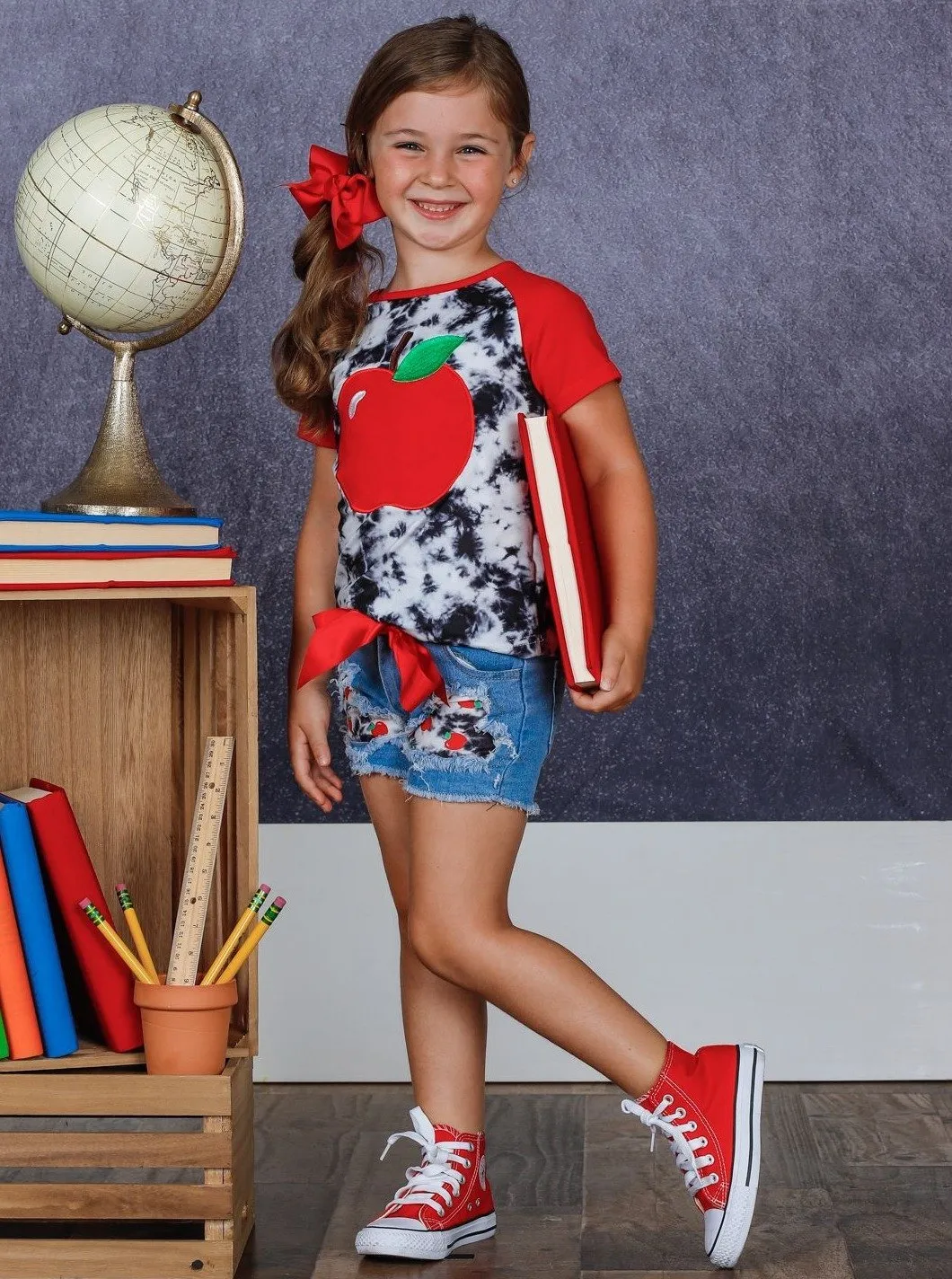 Girls Apple Tie Dye Top and Patched Denim Shorts Set