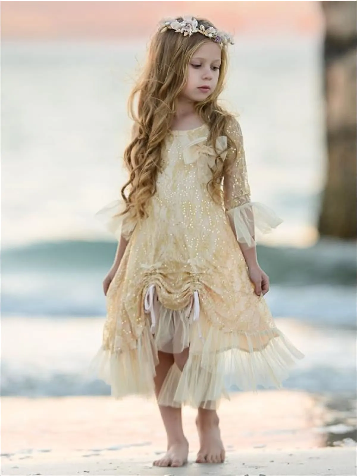 Girls Bell Sleeve Lace Hi-Lo Drawstring Ruffled Dress