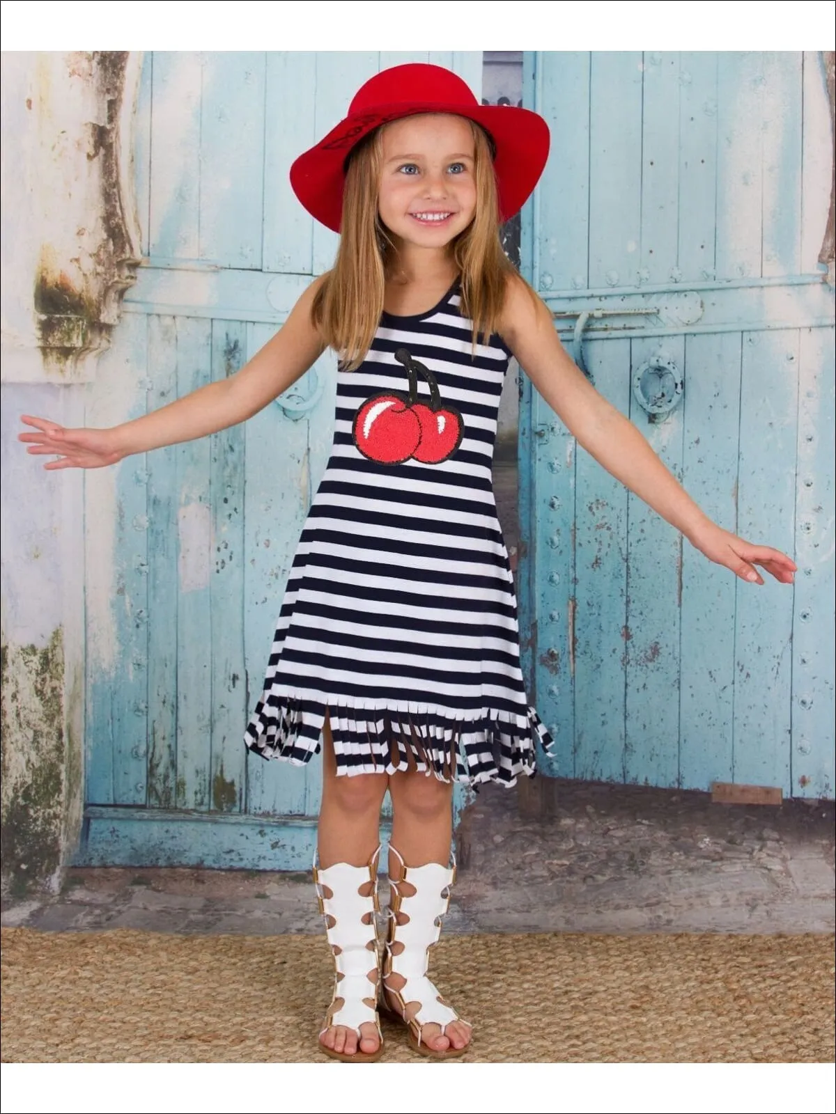 Girls Black And White Striped Sleeveless Sequin Reversible Color Cherries Applique Fringe Dress