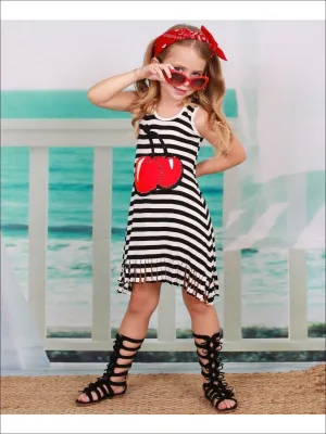 Girls Black And White Striped Sleeveless Sequin Reversible Color Cherries Applique Fringe Dress