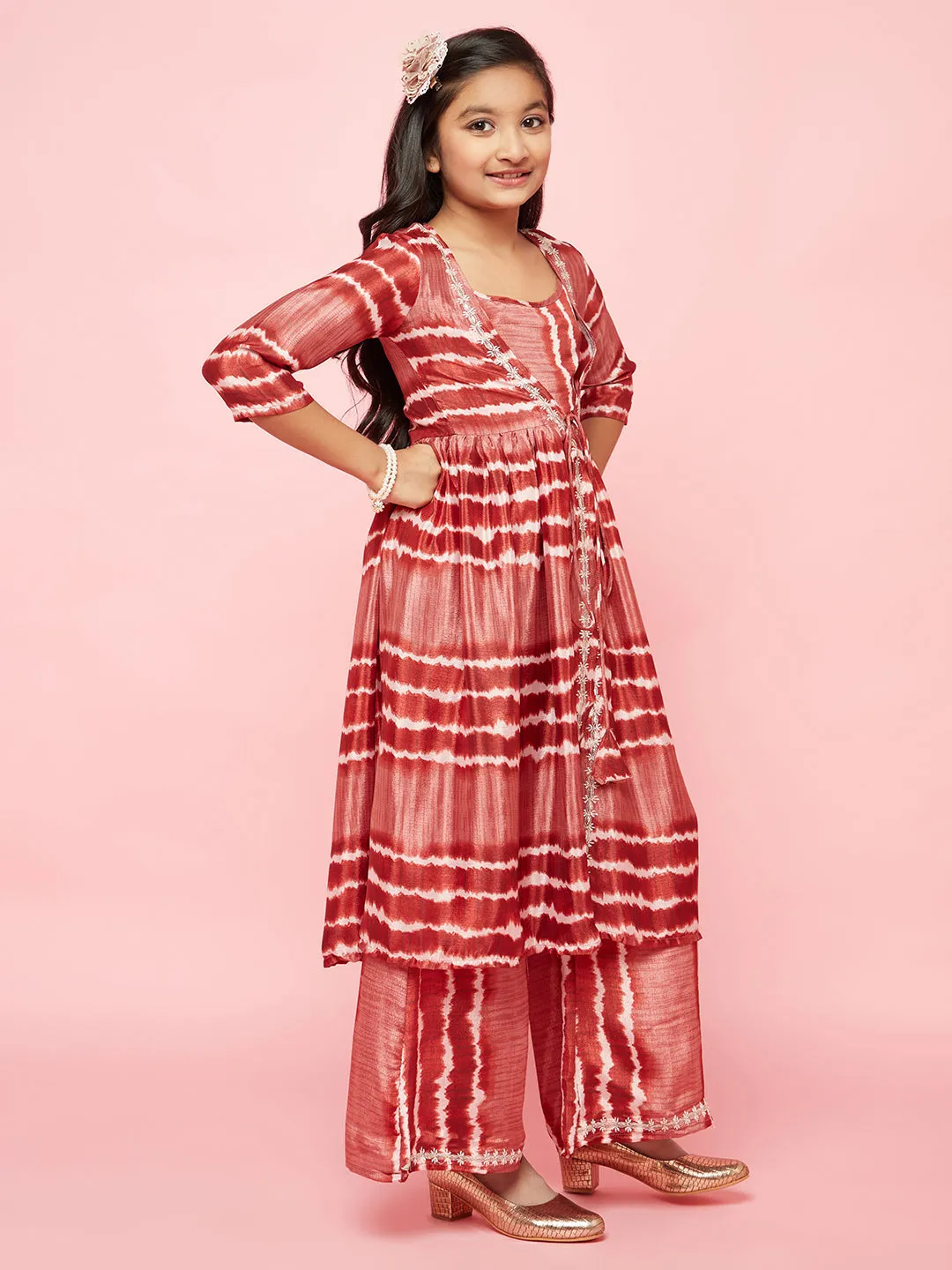 Girl's Brown Striped Top Palazzo With Jacket - Aks Girls